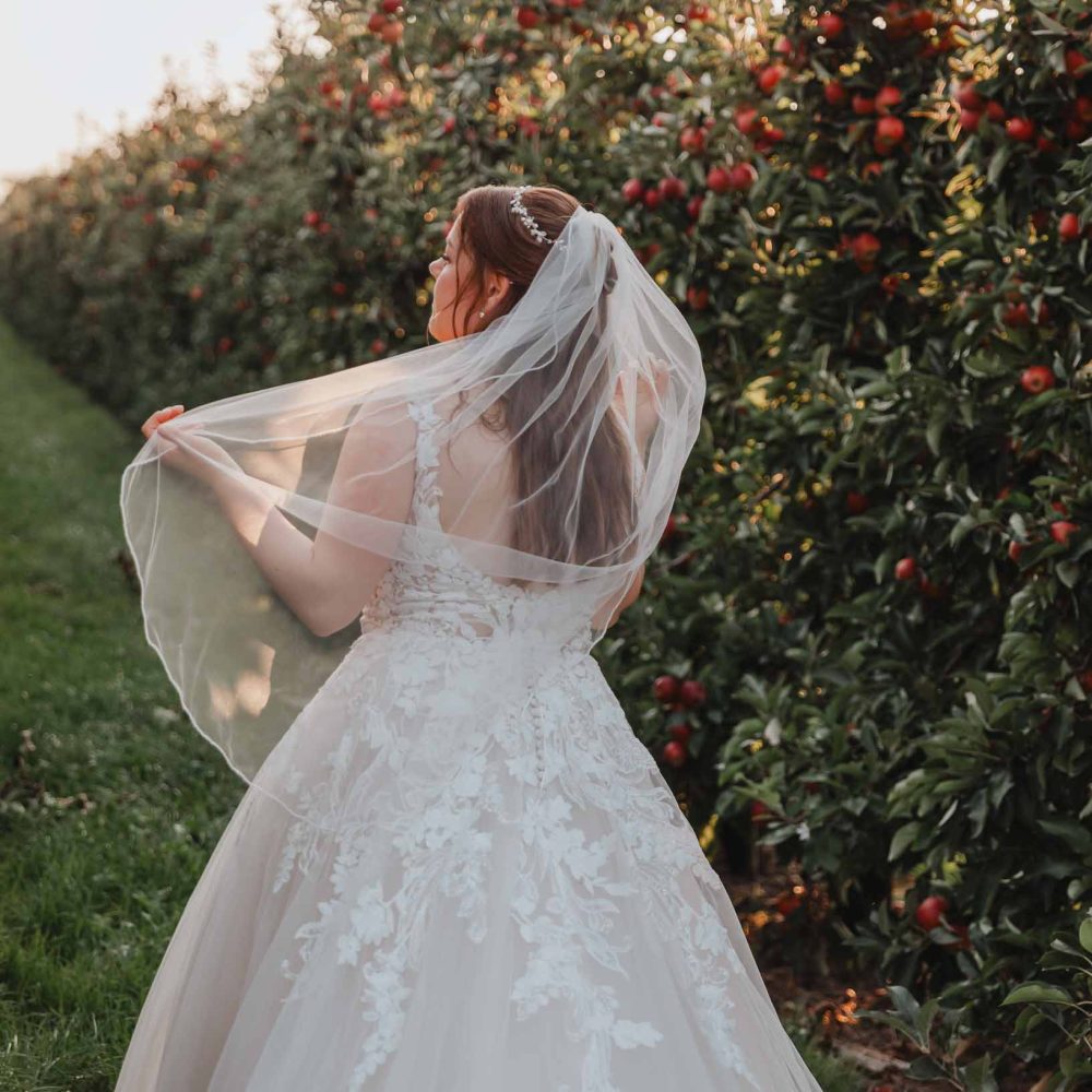 Hochzeit Altes Land kirchliche Hochzeit Foto der Braut zwischen den Apfelbäumen
